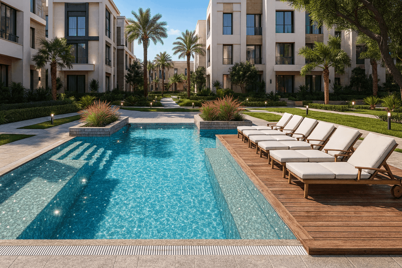 Swimming pool with loungers