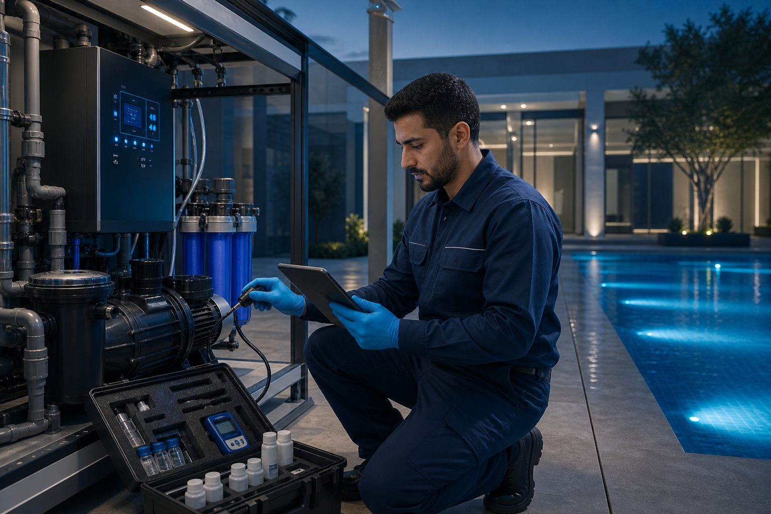 Professional pool technician inspecting water system equipment